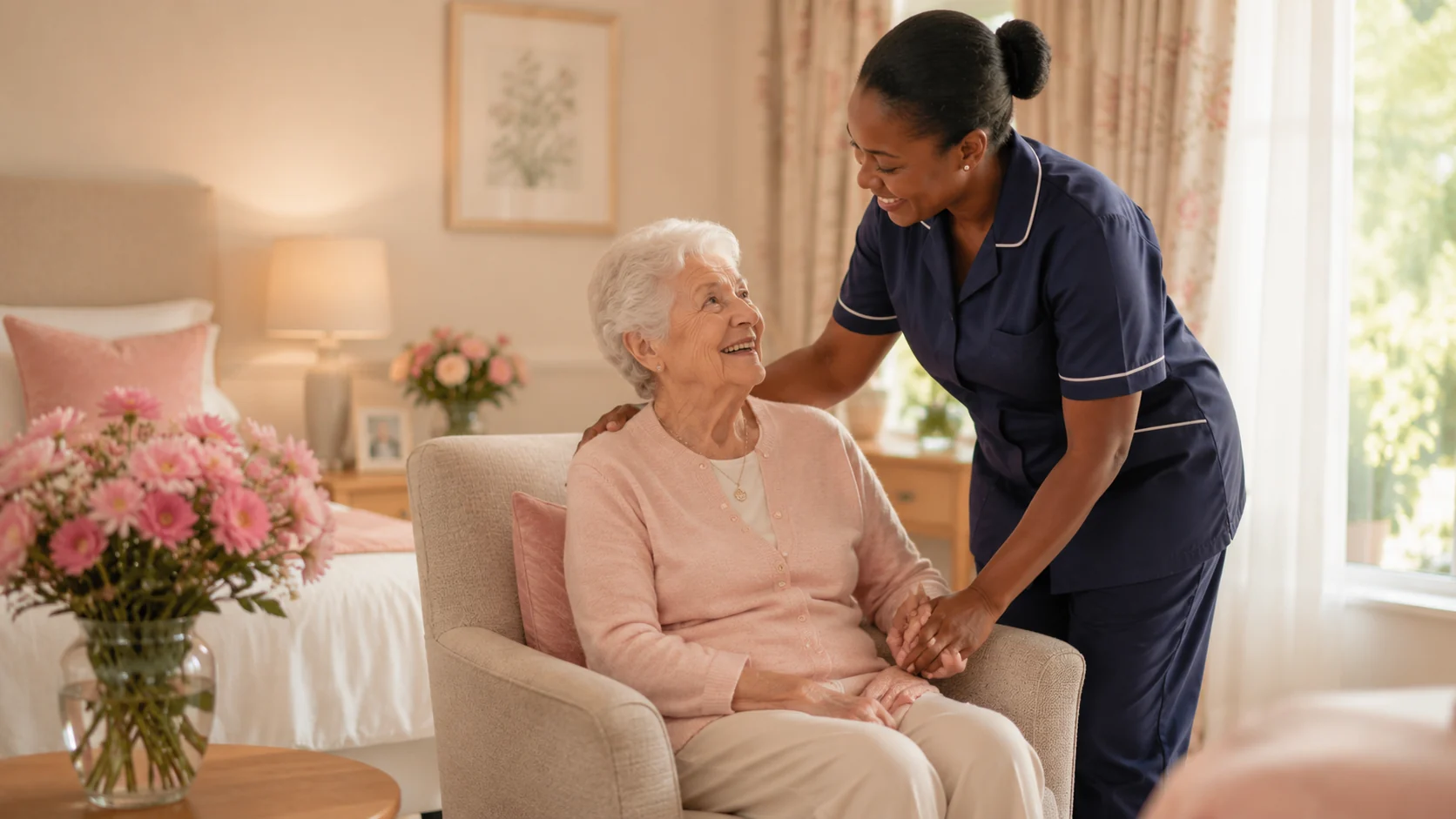 Kosmos caregiver supporting an older resident in a warm retirement room