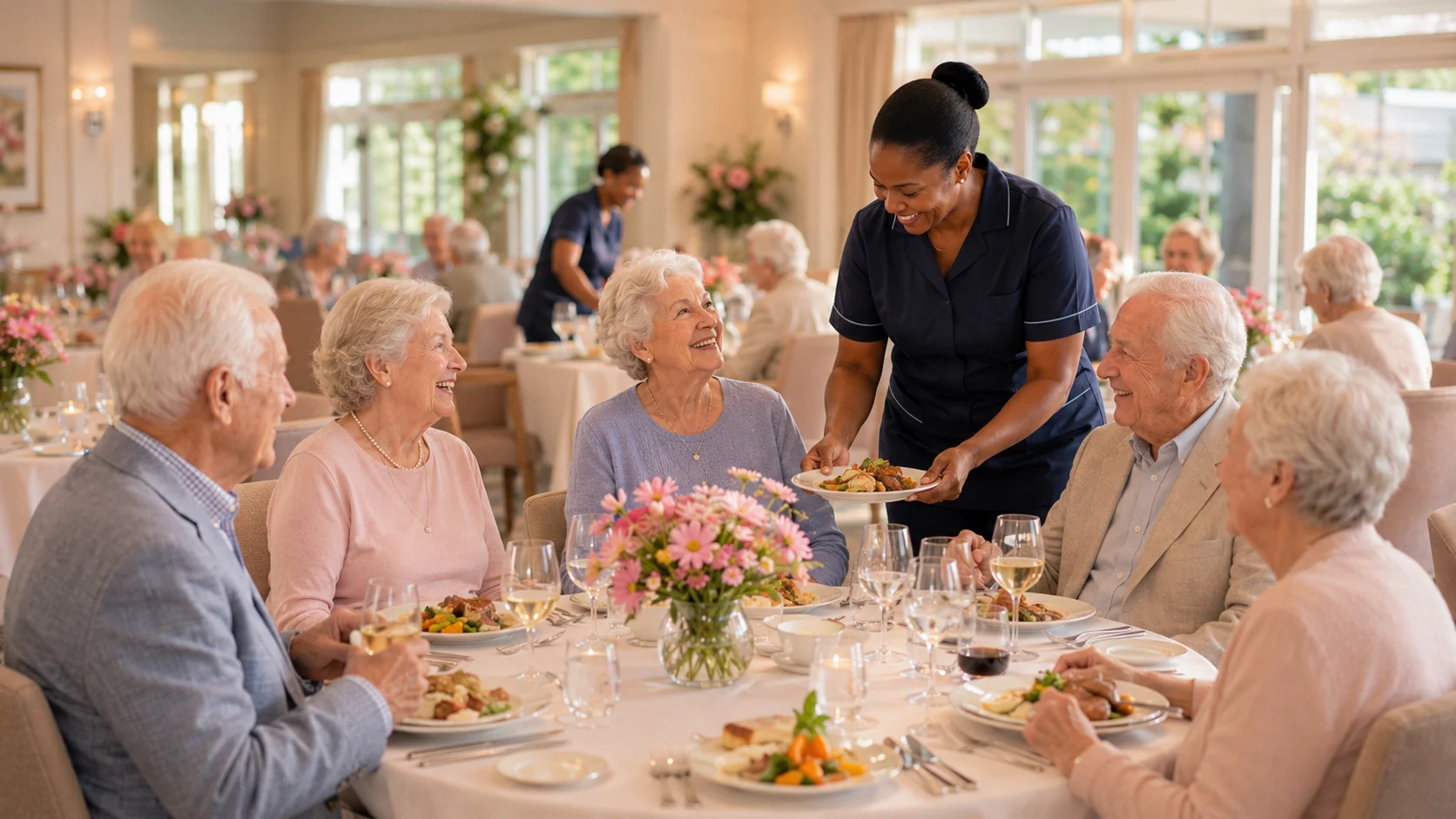 Kosmos dining room with residents and caregiver